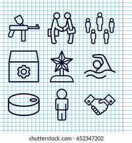 Set of 9 team outline icons such as gear, handshake, businessman shaking hands, swimming, hockey puck, star trophy, user, paintball