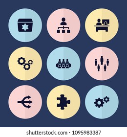 Set of 9 teamwork filled icons such as puzzle, gear, group, structure