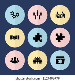 Set of 9 teamwork filled icons such as puzzle, meeting, user group, group, gear