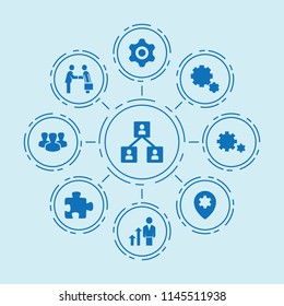 Set of 9 teamwork filled icons such as businessman handshake, career growth, gear, group, puzzle