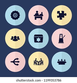 Set of 9 teamwork filled icons such as group, table, puzzle, meeting, pendulum, gear