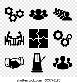 Set of 9 teamwork filled icons such as handshake, group, puzzle, meeting, gear, user group
