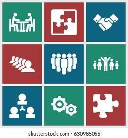 set of 9 teamwork filled icons such as group, puzzle, meeting, handshake, gear    sign symb, group of people and man celebrating victory