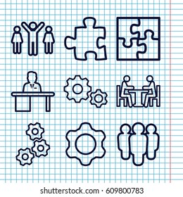 Set of 9 teamwork outline icons such as man working at the table, meeting, gear, puzzle, group of people and man celebrating victory