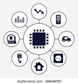 Set of 9 tech filled icons such as CPU, equalizer, plug socket, robot arm, CPU in house