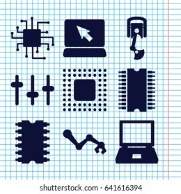 Set of 9 tech filled icons such as equalizer, cpu, chip, robot arm, cpu