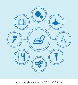 Set of 9 technical filled icons such as caliper, spherical bearing, piston, gear, compass, house plan, plan