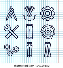 Set of 9 technical outline icons such as compass, woman pants, wrench and screwdriver, gear, gear rotate
