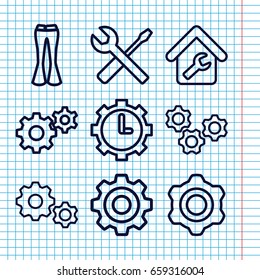 Set of 9 technical outline icons such as woman pants, gear, wrench and screwdriver, clock in gear