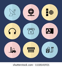 Set of 9 technology filled and outline icons such as headset, spu, internet, air conditioner, globe, medical phone, tractor, mp3 player