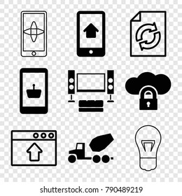 Set of 9 technology filled and outline icons such as online shopping, cloud protection, home on phone display, reload, window browser upload, concrete mixer, tv system, bulb