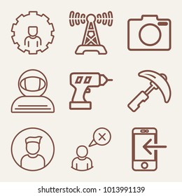 Set of 9 technology outline icons such as cosmonaut in spacesuit outlined