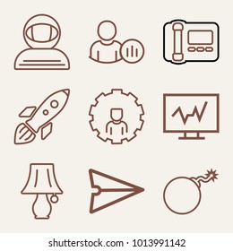 Set of 9 technology outline icons such as cosmonaut in spacesuit outlined