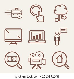 Set of 9 technology outline icons such as vintage video camera on tripod outlined