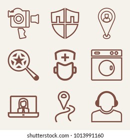 Set of 9 technology outline icons such as video camera with handle outlined