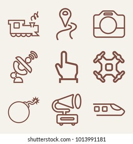 Set of 9 technology outline icons such as satellite, playing gramophone outlined