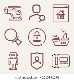 Set of 9 technology outline icons such as floating war vessel, humanoid robot outlined