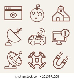 Set of 9 technology outline icons such as satellite front view outlined