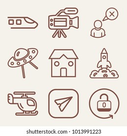 Set of 9 technology outline icons such as launched space shuttle outlined