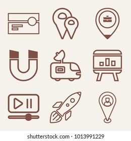 Set of 9 technology outline icons such as launched space shuttle outlined