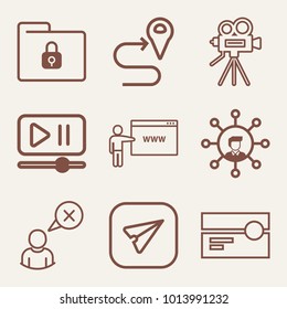 Set of 9 technology outline icons such as vintage video camera on tripod outlined