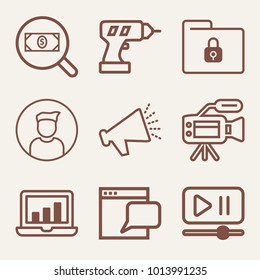 Set of 9 technology outline icons such as statistics outlined