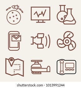 Set of 9 technology outline icons such as helicopter, space shuttle travelling around the planet outlined