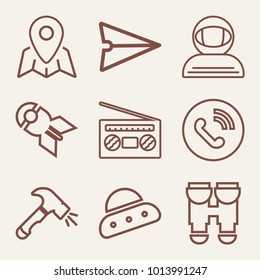 Set of 9 technology outline icons such as binoculars, falling nuclear bomb, playing radio outlined