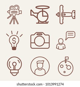 Set of 9 technology outline icons such as flying military plane, vintage video camera on tripod outlined