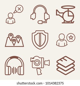 Set of 9 technology outline icons such as video camera with handle outlined