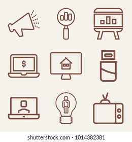Set of 9 technology outline icons such as laptop with price tag outlined