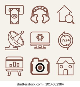 Set of 9 technology outline icons such as satellite front view outlined