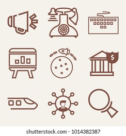 Set of 9 technology outline icons such as ringing retro telephone outlined