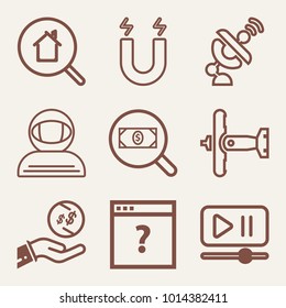 Set of 9 technology outline icons such as flying military plane, satellite, cosmonaut in spacesuit outlined