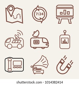 Set of 9 technology outline icons such as playing gramophone outlined
