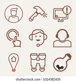 Set of 9 technology outline icons such as binoculars, warning on the desktop monitor outlined