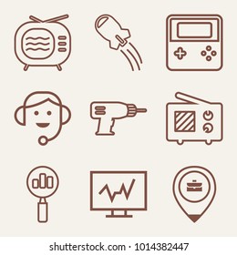 Set of 9 technology outline icons such as switched television with antenna outlined