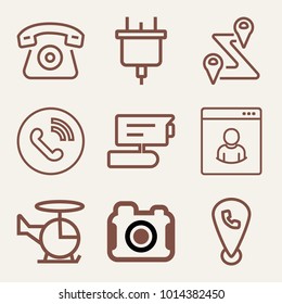 Set of 9 technology outline icons such as ringing phone in circle outlined