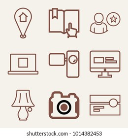 Set of 9 technology outline icons such as table lamp with switch outlined