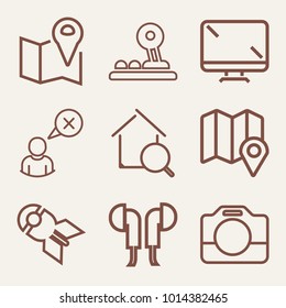 Set of 9 technology outline icons such as falling nuclear bomb, map outlined