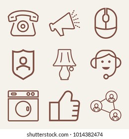 Set of 9 technology outline icons such as table lamp with switch outlined