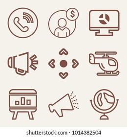 Set of 9 technology outline icons such as ringing phone in circle outlined