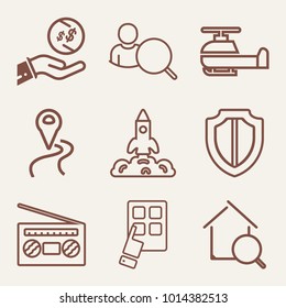 Set of 9 technology outline icons such as helicopter, playing radio outlined