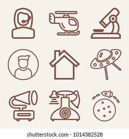 Set of 9 technology outline icons such as ringing retro telephone outlined