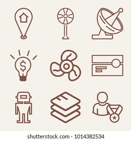 Set of 9 technology outline icons such as satellite front view outlined