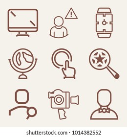 Set of 9 technology outline icons such as video camera with handle outlined