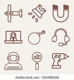 Set of 9 technology outline icons such as flying military plane, cosmonaut in spacesuit outlined