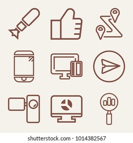 Set of 9 technology outline icons such as paying with plastic card outlined, touchscreen smart phone outlined