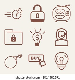 Set of 9 technology outline icons such as switched television with antenna outlined