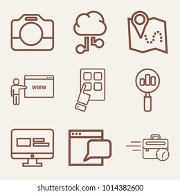Set of 9 technology outline icons such as choose app outlined